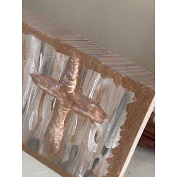 SALE Gold Cross Wood Painting HandPainted Wall Art 5x5 Block Textured White Gold - Picture 3 of 8